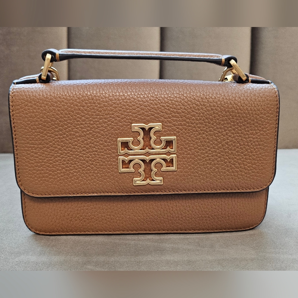 Tory Burch Tan Pebbled Leather Shoulder Bag with Gold Logo